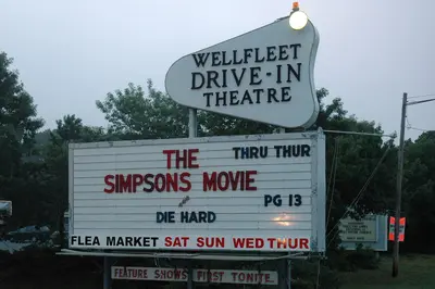 Wellfleet Drive-In Theatre sign, featuring The Simpsons Movie, Wellfleet, 2007