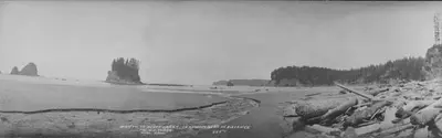 Scott Creek beach with Teahwhit Head in distance, Olympic Peninsula, Washington, ca 1906 (WASTATE 1696)