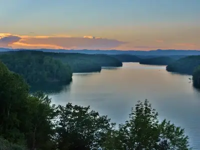 View of Philpott Lake at sunset.
