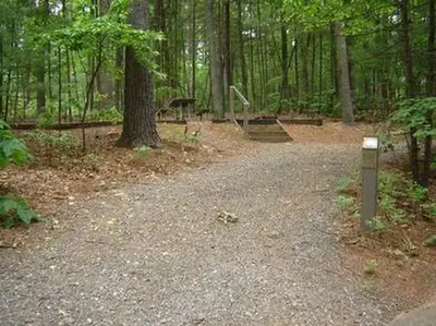 Campsite parking spur with steps that lead to the camping area and barbeque.