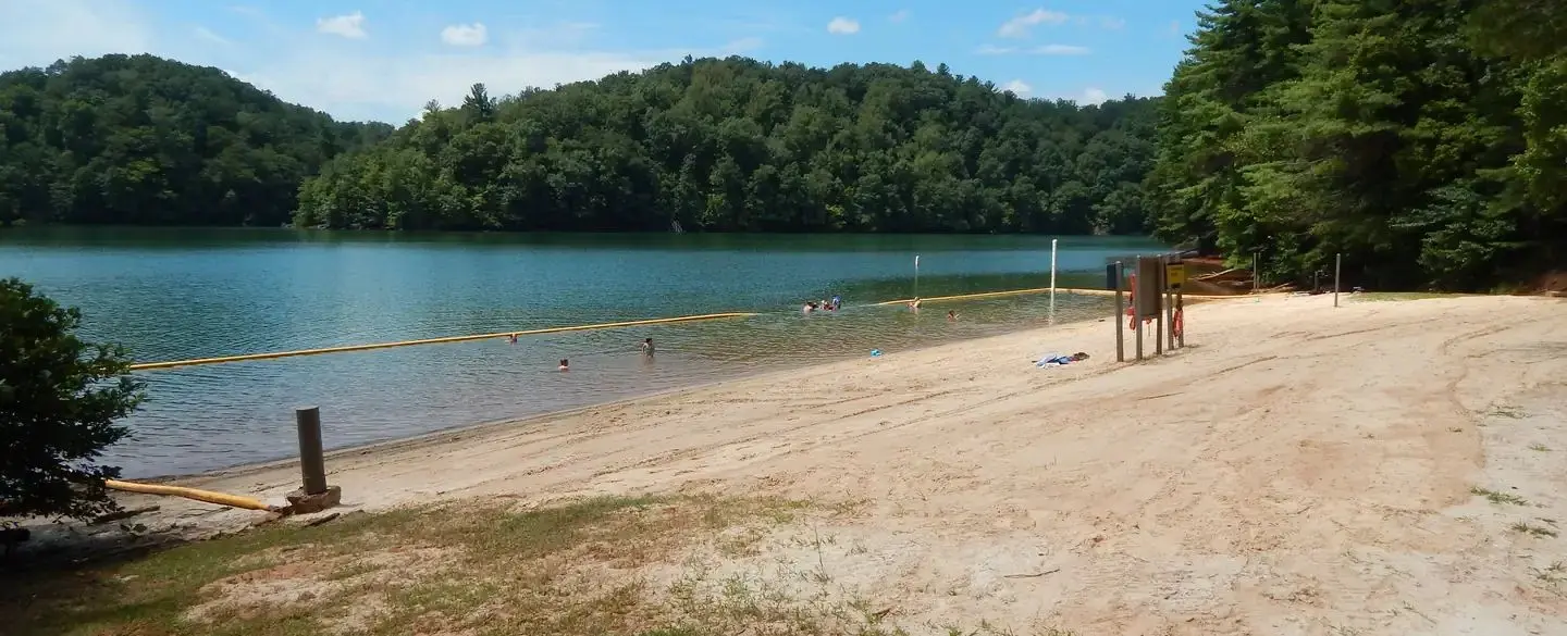 Large sandy beach and roped-off swim area at Horseshoe Point.