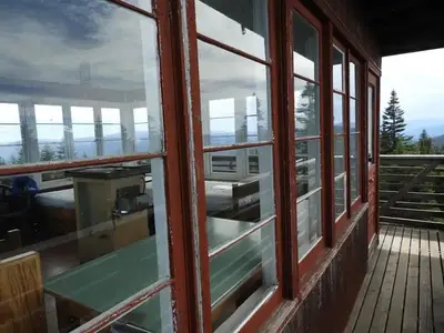 View from catwalk through windows to the inside of the lookout.