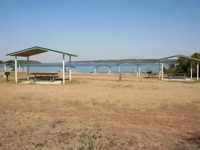 Covered picnic tables in the Twin Bridges Day Use Area