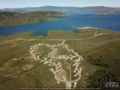 Drone photo of a campground near a lake