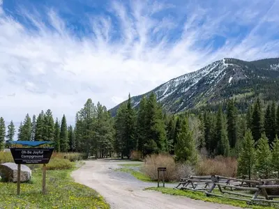 Oh Be Joyful Campground sign, gravel road, snow dusted mountain, forest, yellow wildflowers