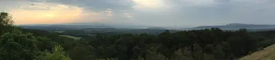 2016-07-30 07 36 17 Panorama northeast and east from the Sideling Hill Road Cut rest area along Interstate 68 and U.S. Route 40 (National Freeway) in Forest Park, Washington County, Maryland