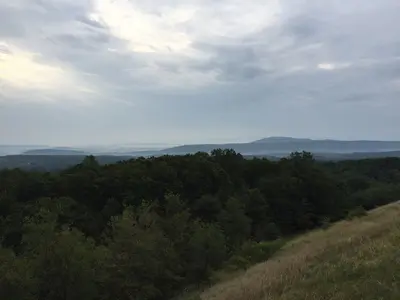 2016-07-30 07 36 30 View east-southeast from the Sideling Hill Road Cut rest area along Interstate 68 and U.S. Route 40 (National Freeway) in Forest Park, Washington County, Maryland
