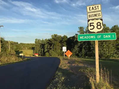 2017-06-25 20 13 27 View east along U.S. Route 58 Business at U.S. Route 58 (Jeb Stuart Highway) in Meadows of Dan, Patrick County, Virginia