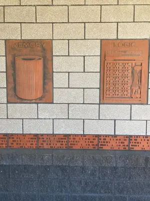Outside wall of rest stop at mile 100 northbound on I-35 in Iowa, Commemorating the ABC Computer