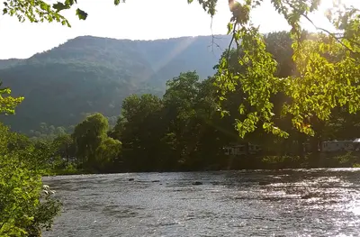 View of Esopus Creek downstream from opposite Sleepy Hollow Campground, Phoenicia, NY