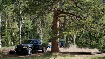 Truck pulling off into campsite along Medano Pass Primitive Road