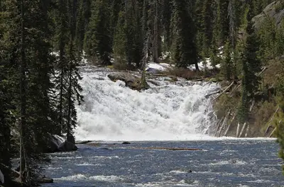 Lewis Falls pours between the banks of the Lewis River is not far from the campground