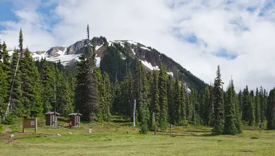 Helm Creek campsite's two outhouses in Garibaldi Provincial Park, BC (DSCF1488)