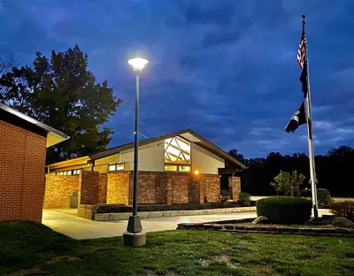 Rest area along northbound Interstate 79, Plain Grove Township, Lawrence County, Pennsylvania (exterior night view) - 20211031
