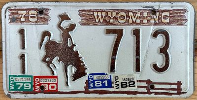 1979-1982 Wyoming License Plate (with additional misplaced annual renewal stickers)