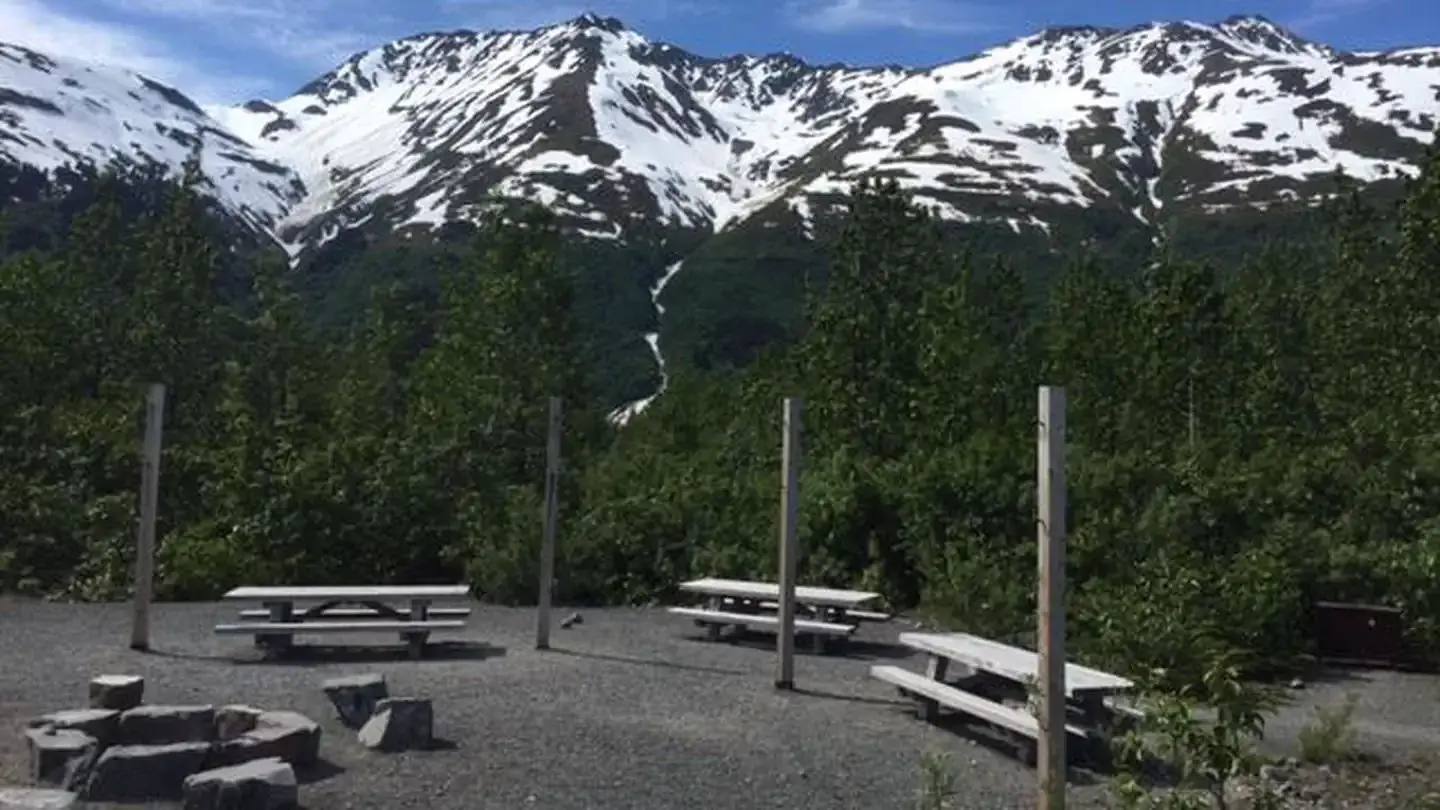 Centralized area with picnic tables, campfire ring, and poles for hanging tarps.