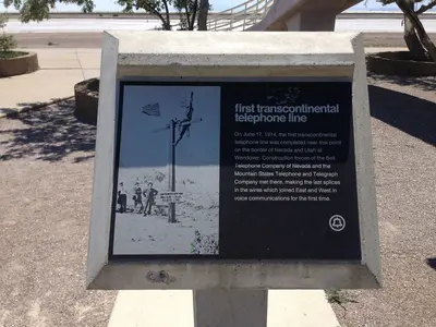 2014-07-05 12 53 32 Sign describing the first transcontinental telegraph line at the Bonneville Salt Flats Rest Area on Interstate 80 near the Bonneville Salt Flats, Utah