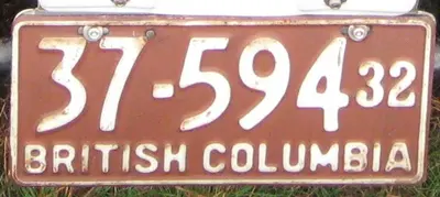1932 British Columbia License Plate 37-594 (cropped)