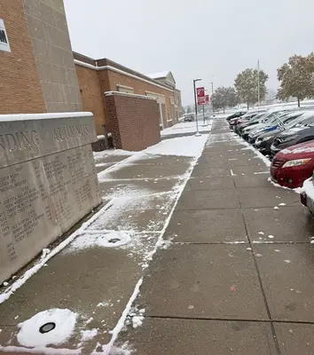 Stebbins High School in Riverside, OH on a snowy day