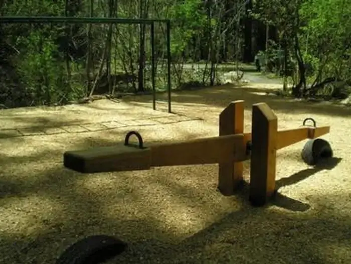 Wood chip covered play ground with wooden see saw and monkey bars next to tree lined roadway.