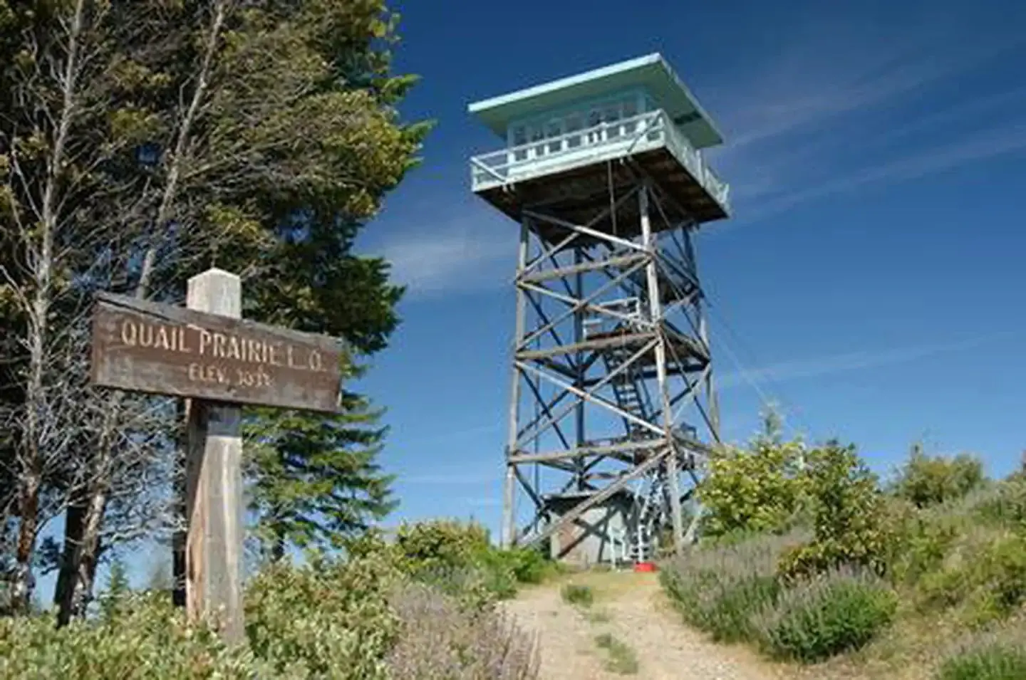 Lookout tower from below with sign in foreground and blue sky in the background.