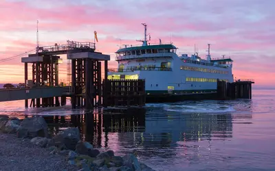 Kennewick ferry arriving at the Coupeville Ferry Terminal at sunrise