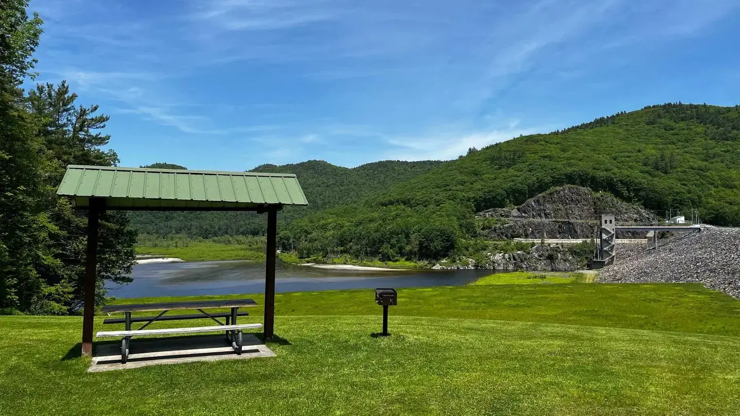 Covered picnic tables on the abutment of Townshend Dam