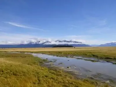 Yellowed grassflats with water and mountains in background