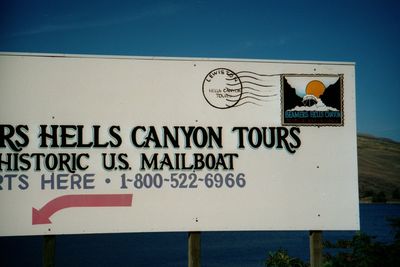 Sign near start of Hells Canyon jet boat tour, 2002 (10900082825)