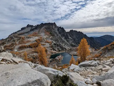 Looking down at Crystal Lake and McClellan Peak, Enchantments (11 October 2024)