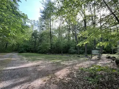 A gravel drive opens to a grassy patch with large rocks bordering