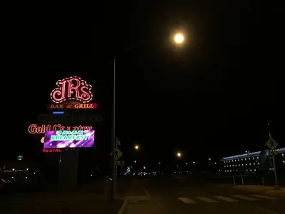 2015-02-09 02 21 41 View west along Idaho Street (Interstate 80 Business) near the Gold Country Casino in Elko, Nevada at night