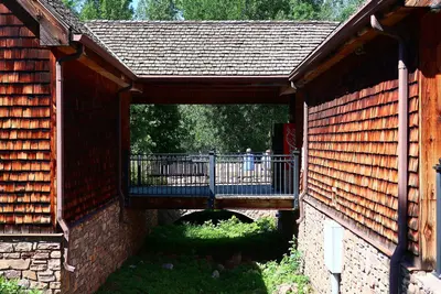 Rear of the D.C. Booth Historic National Fish Hatchery & Archives visitor center in Spearfish, South Dakota