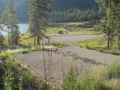 Tent pad for the group site viewing lake.