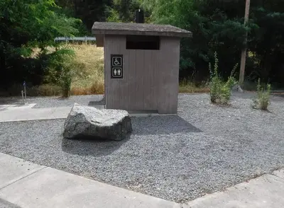 Vault toilet in the back parking lot of Pink House Recreation Site.