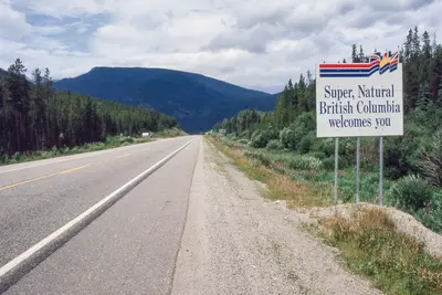 BC Welcome sign - Yellowhead Highway, British Columbia, Canada - July 1990