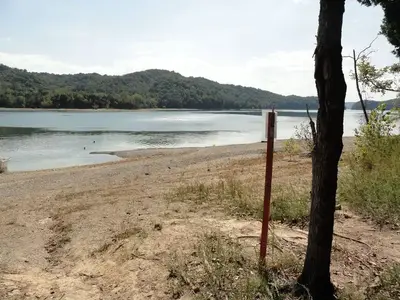 Dale Hollow Lake - Primitive Camping site marker with shoreline view