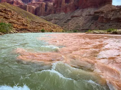 Confluence convergence of the Colorado and Little Colorado Rivers in the Grand Canyon. The muddy Little Colorado joins the main channel and soon mixes into the river. (52983276347)