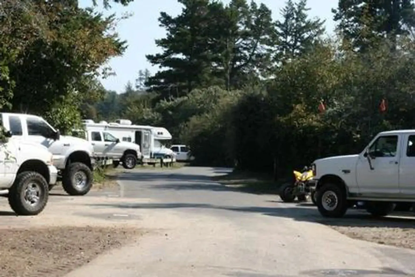 Campsite spurs along a flat paved road occupied with large white trucks, a yellow 4-wheeler and one white RV under conifer trees and blue sky