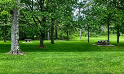 Picnic area at I-79 southbound rest stop, Cussewago Township, Crawford County, Pennsylvania - 20210604