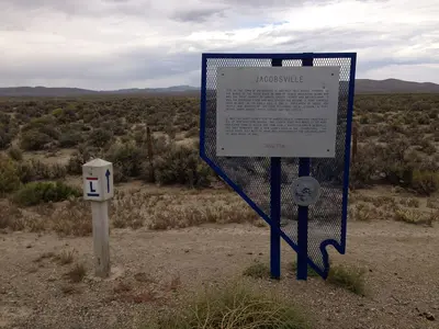 2014-09-08 13 41 55 Lincoln Highway marker and historic marker for Jacobsville along U.S. Route 50 in Lander County, Nevada