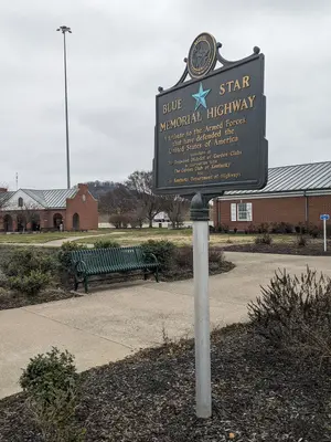 Plaque Blue Star Memorial Highway rest stop Kentucky USA January 2024