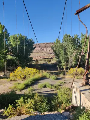 2025 view of the remains of the historic Dewey Suspension Bridge, viewing from the north looking north