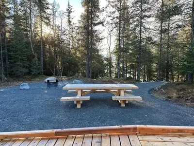 Trail River Cabin picnic table and fire ring overlooking Kenai Lake.
