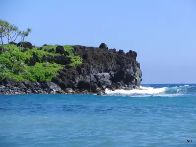 Blue Water, Black Rock, Green Plants - panoramio