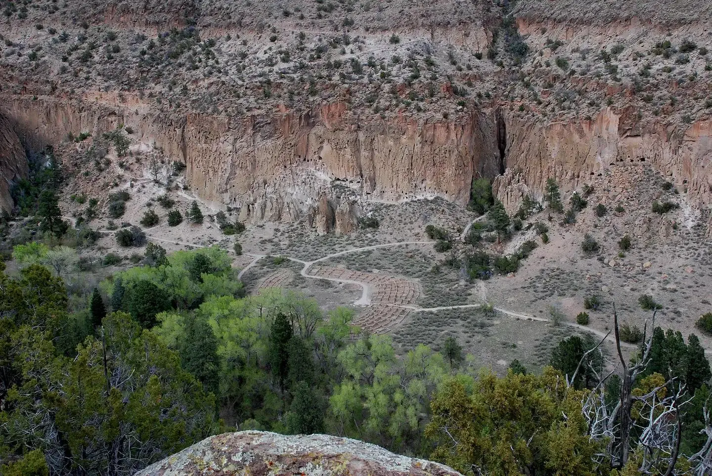 View into Frijoles Canyon with archeological sites