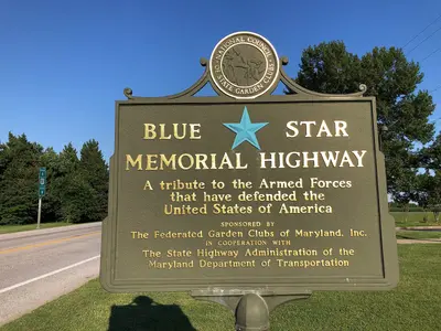 2022-06-29 18 23 24 Blue Star Memorial Highway marker along Maryland State Route 834 (Hayden Clark Road) between the southbound and northbound lanes of U.S. Route 301 (Blue Star Memorial Highway) in Hayden, Queen Anne's County, Maryland