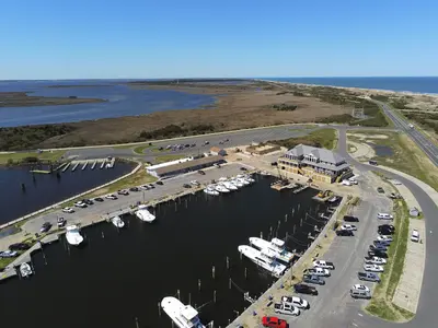 Aerial photo of the replacement marina store and restaurant facility at the Oregon Inlet Marina