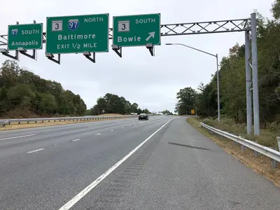 2019-10-03 10 18 36 View east along Maryland State Route 32 (Patuxent Freeway) at the exit for Maryland State Route 3 SOUTH (Bowie) on the edge of Gambrills and Odenton in Anne Arundel County, Maryland