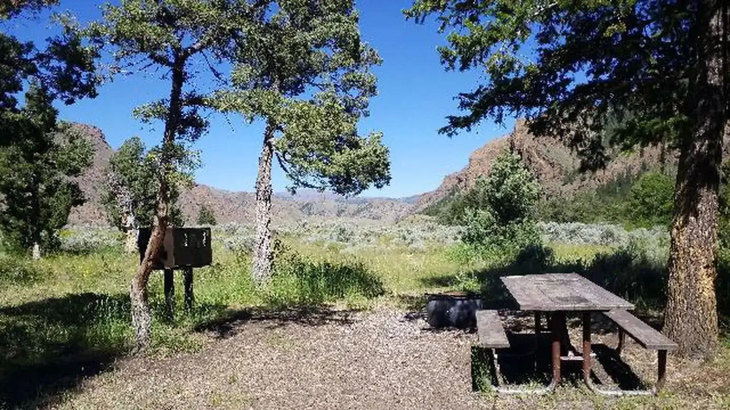 Clearwater Campground site 1 which shows a picnic table and bear box nestled among trees. There are mountains and blue sky in the background.